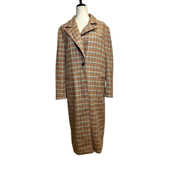 Something Navy Camel Plaid Long Coat – Check Wool Blend Single Button Overcoat, - Picture 2 of 9